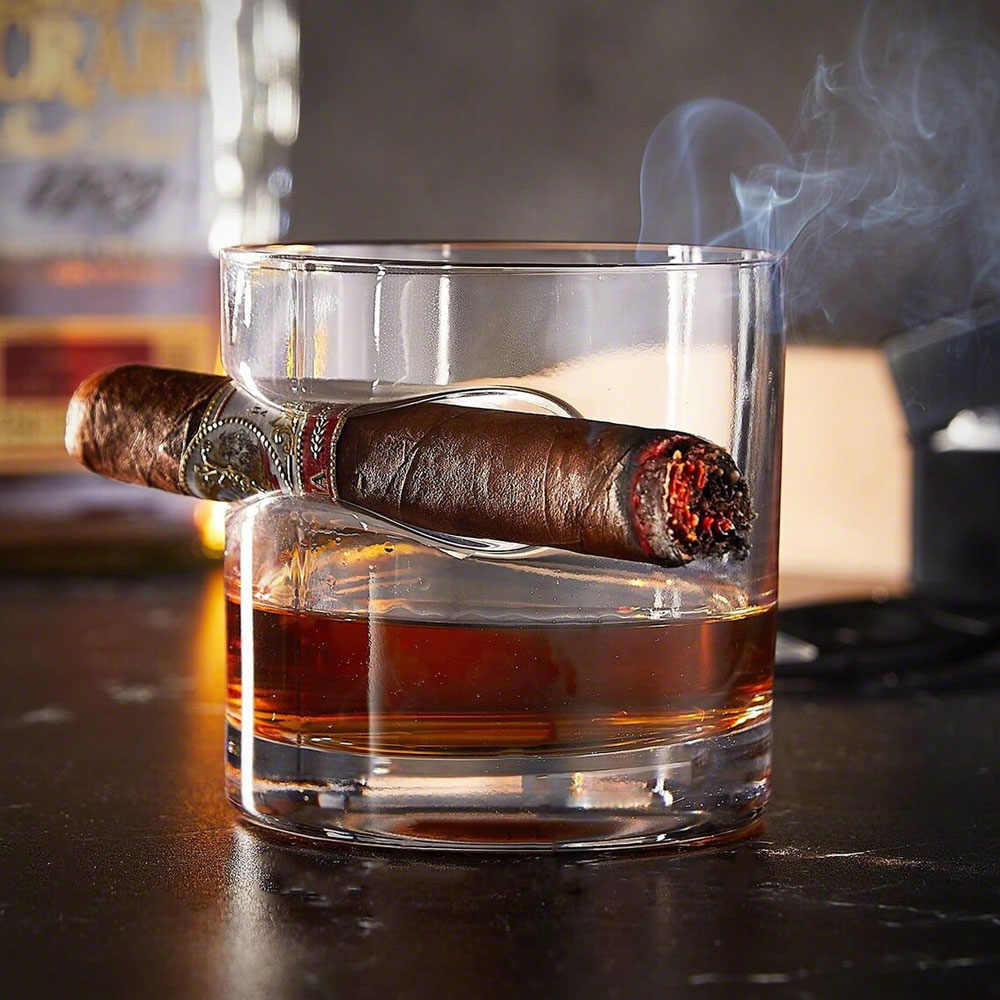 Personalized Round Whiskey Glass with Cigar Holder