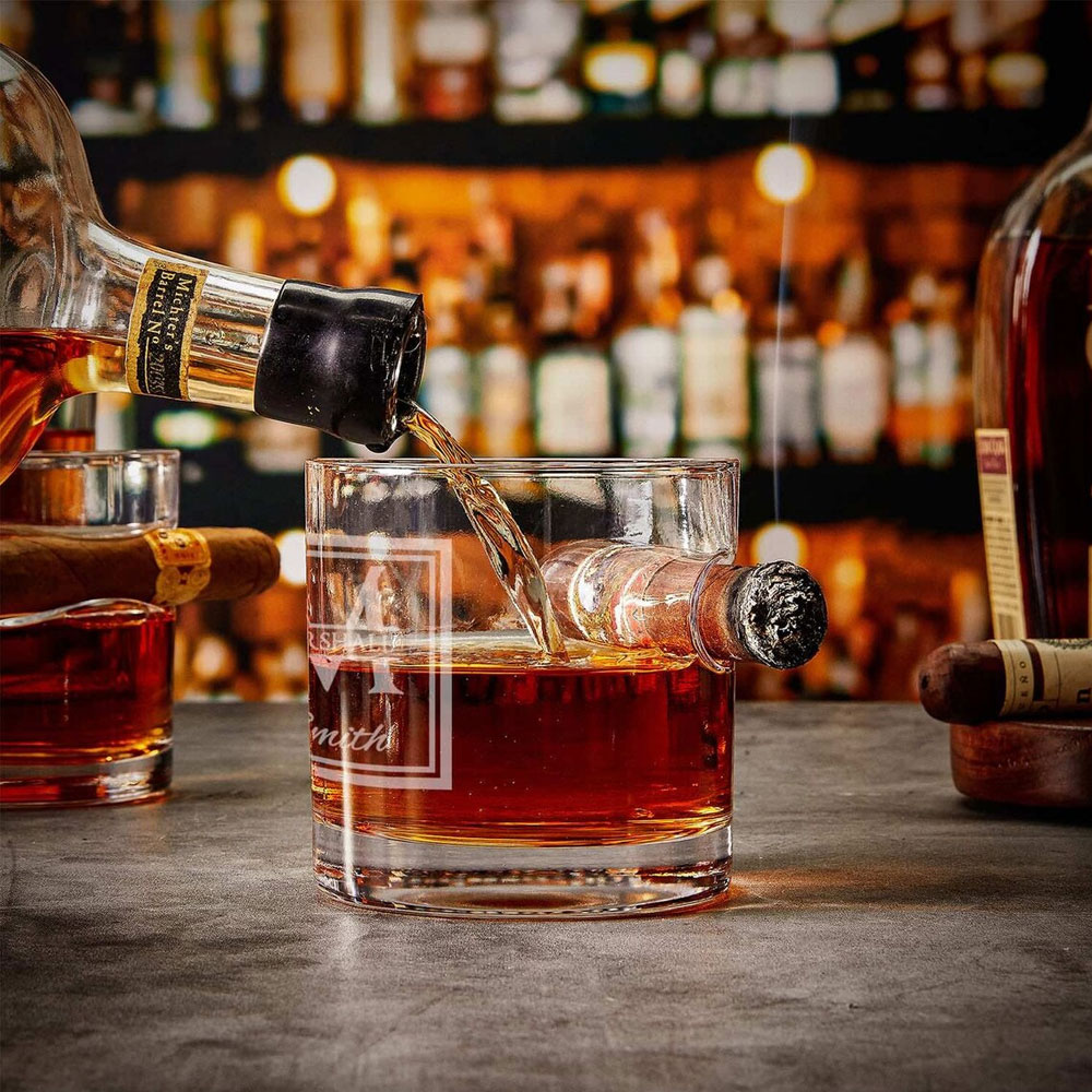 Personalized Round Whiskey Glass with Cigar Holder