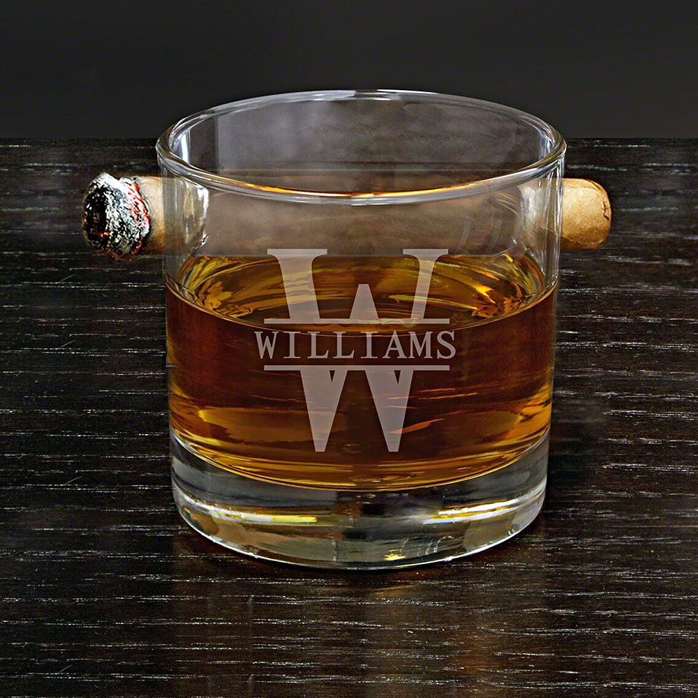 Personalized Round Whiskey Glass with Cigar Holder