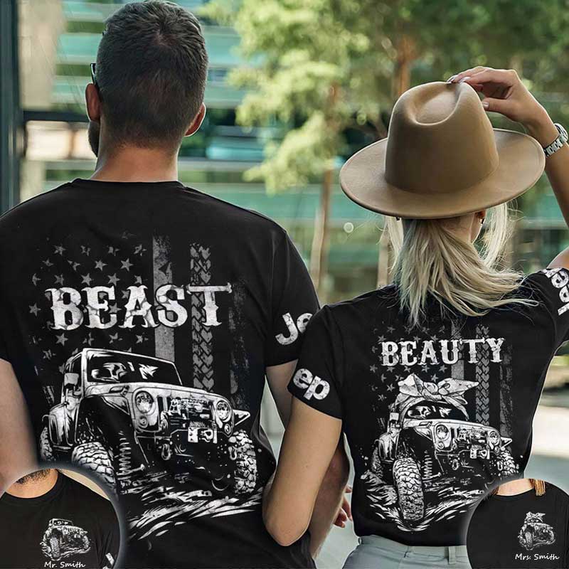Matching Jeep Beast Beauty American Flag Couple T Shirt