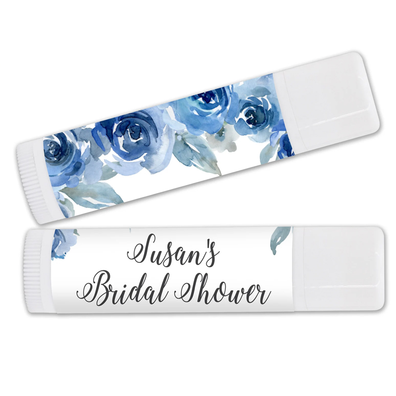 Wedding Watercolor Blue Floral Favor, Personalized Lip Balm Favors