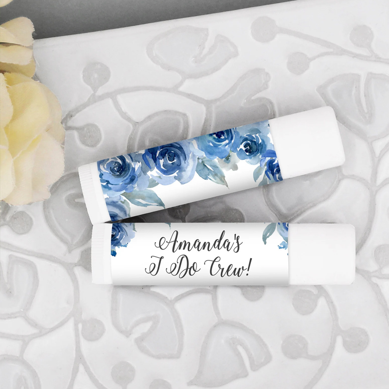Wedding Watercolor Blue Floral Favor, Personalized Lip Balm Favors