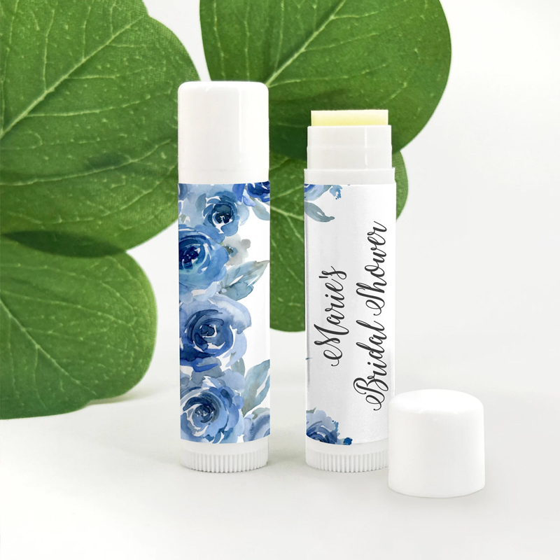 Wedding Watercolor Blue Floral Favor, Personalized Lip Balm Favors