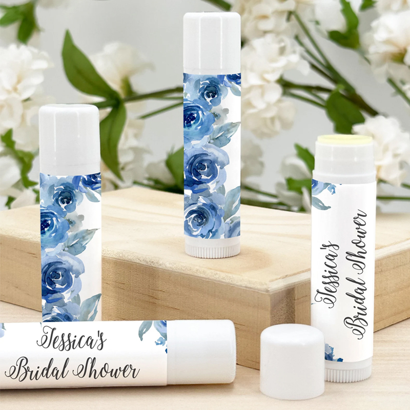 Wedding Watercolor Blue Floral Favor, Personalized Lip Balm Favors