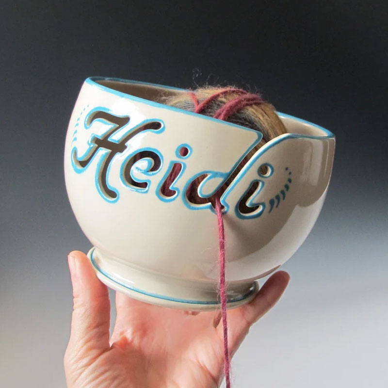Name Yarn Bowl Personalized Ceramic Yarn Bowl with Cutout Name
