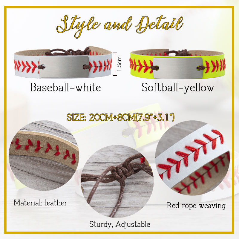 Personalized Baseball or Softball Bracelet Name or Number Leather Stitch