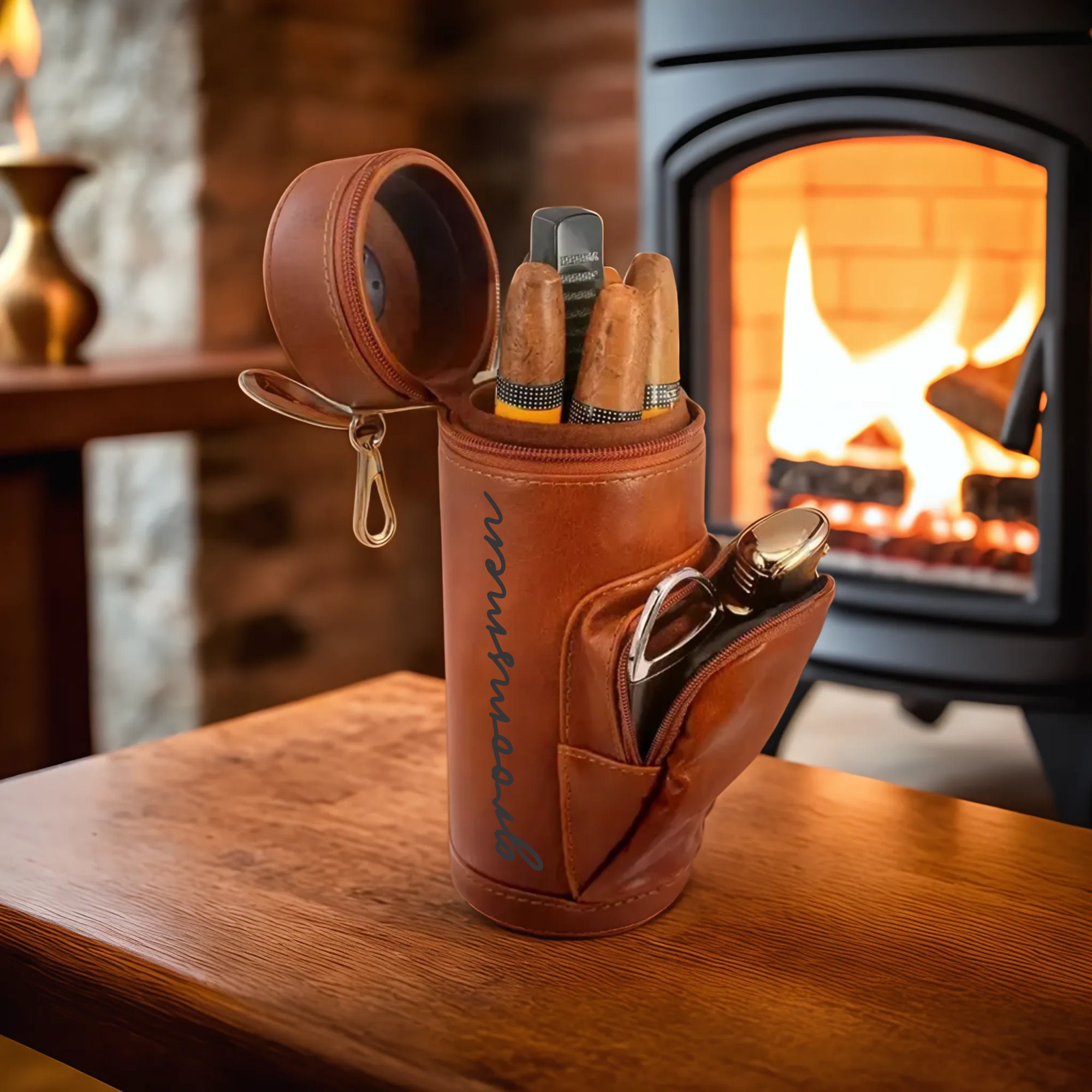 Personalized CIGAR HUMIDOR CASE Holder Leather Cigars Engraved Men Gift