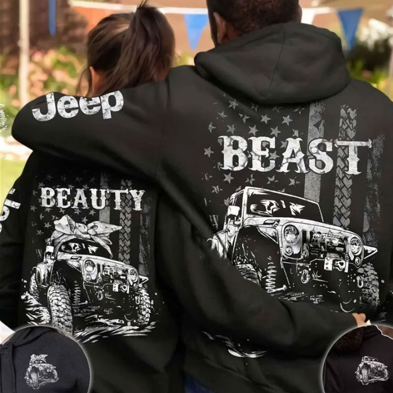Matching Jeep Beast Beauty American Flag Couple Oversized Hoodie