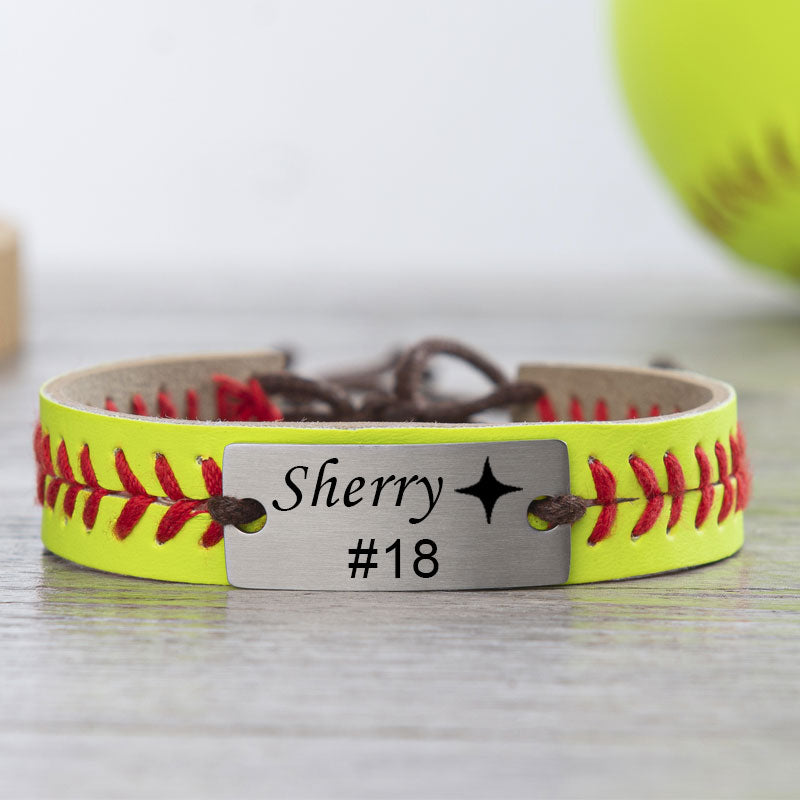 Personalized Baseball or Softball Bracelet Name or Number Leather Stitch