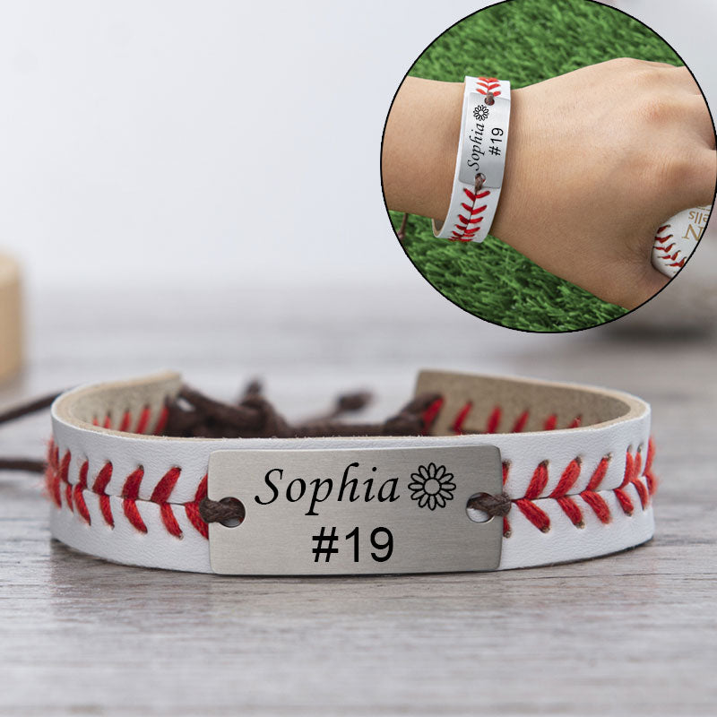 Personalized Baseball or Softball Bracelet Name or Number Leather Stitch