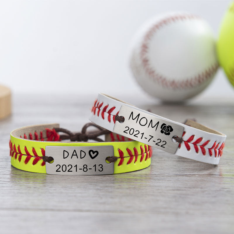Personalized Baseball or Softball Bracelet Name or Number Leather Stitch