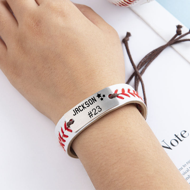 Personalized Baseball or Softball Bracelet Name or Number Leather Stitch