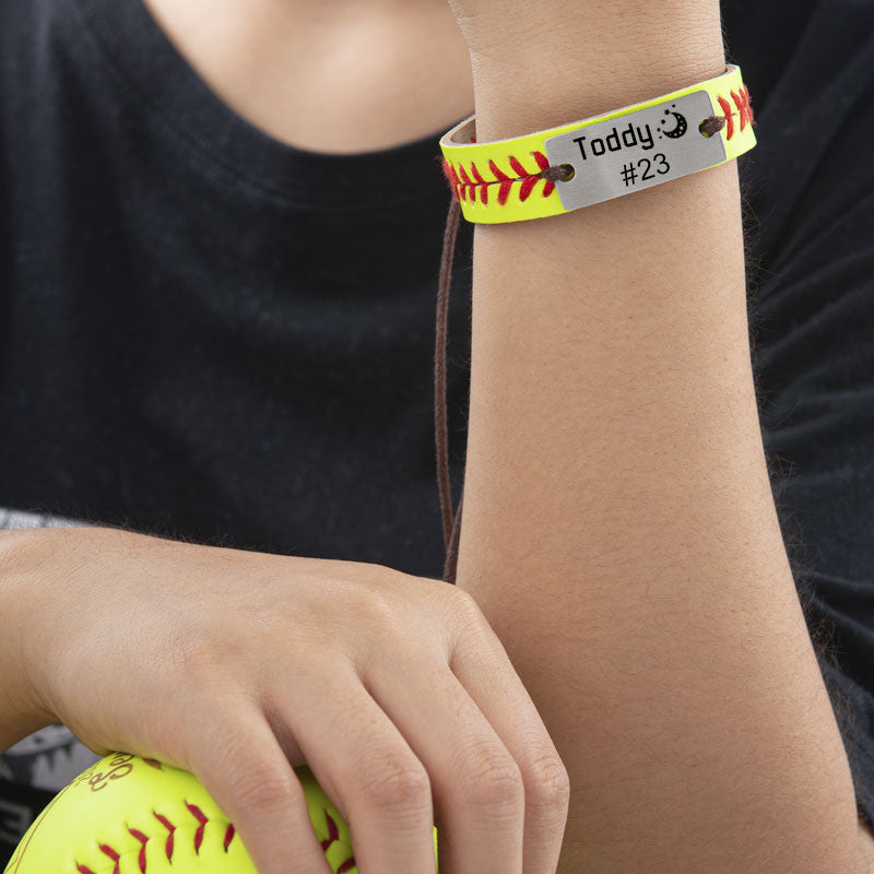 Personalized Baseball or Softball Bracelet Name or Number Leather Stitch