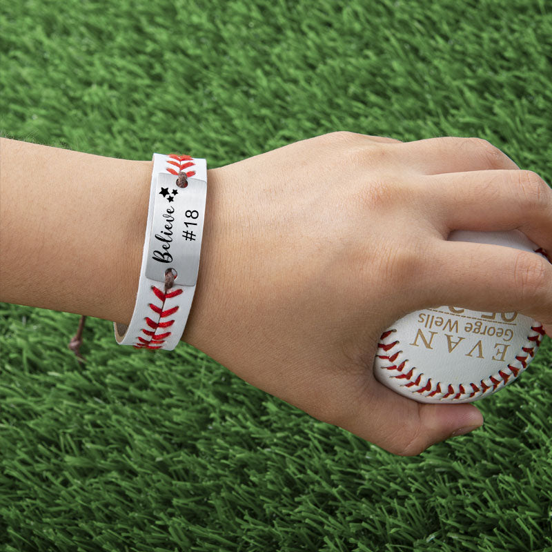 Personalized Baseball or Softball Bracelet Name or Number Leather Stitch