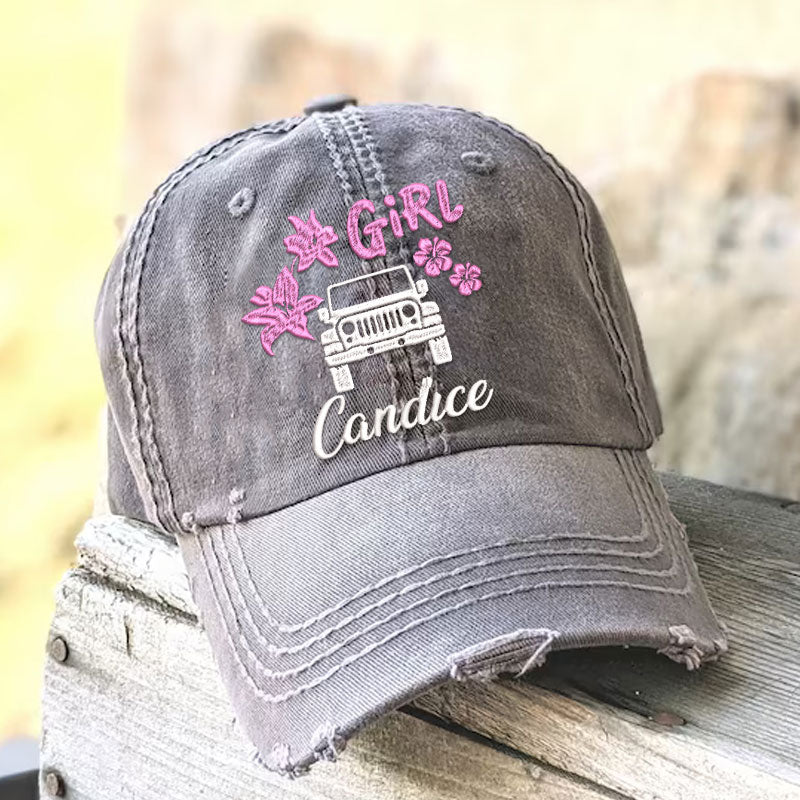 Personalized Jeep Girl And Flowers Hat With Your Name