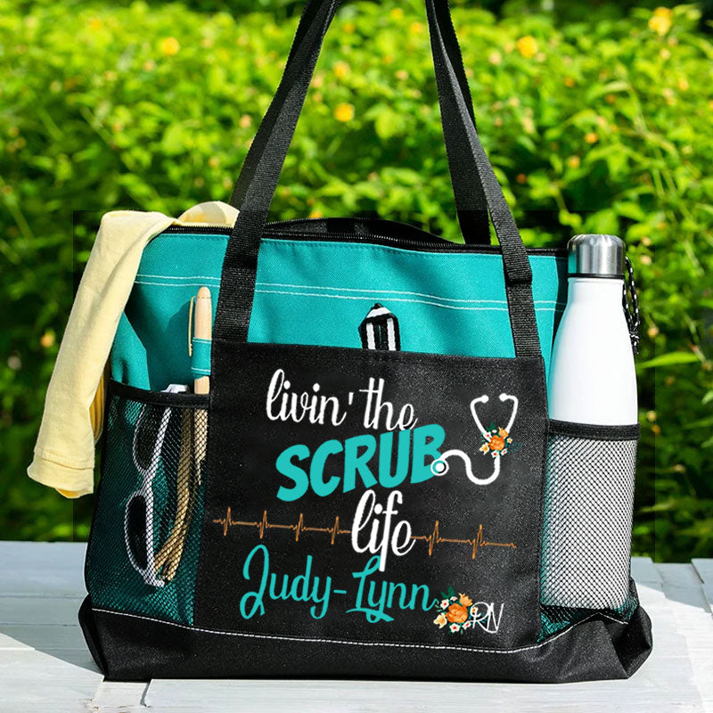Personalized Scrub Life Floral Tote Bag with Name & Title
