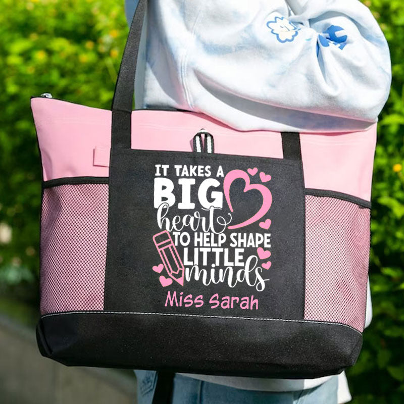 Personalized Teacher Tote Bag - It Takes A Big Heart To Help Shape Little Minds