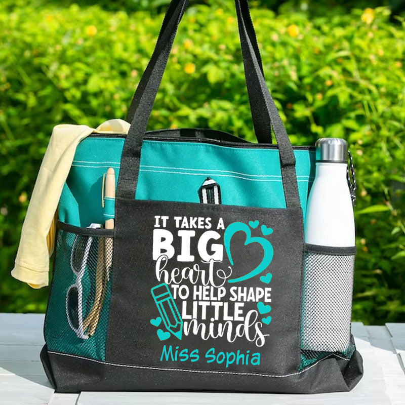 Personalized Teacher Tote Bag - It Takes A Big Heart To Help Shape Little Minds