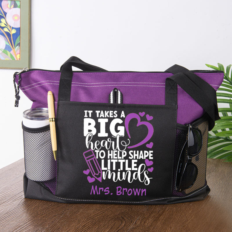 Personalized Teacher Tote Bag - It Takes A Big Heart To Help Shape Little Minds