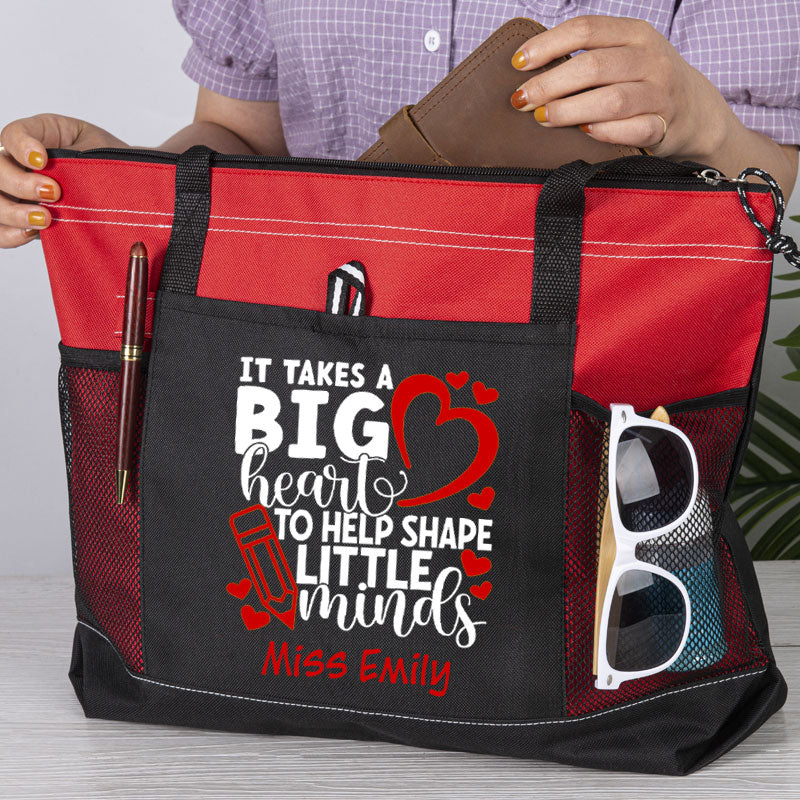 Personalized Teacher Tote Bag - It Takes A Big Heart To Help Shape Little Minds