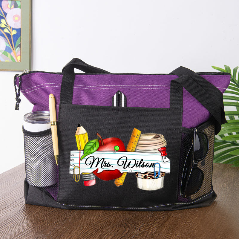 Teacher Name Tote Bag Pencil Apple Coffee Rule Bag