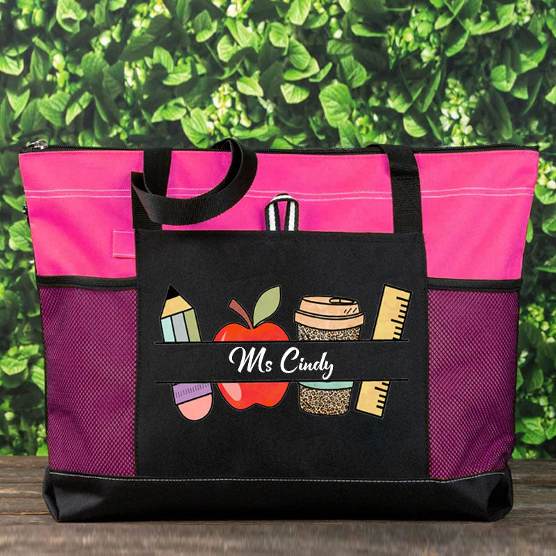 Teacher Name Tote Bag Pencil Apple Coffee Rule Bag
