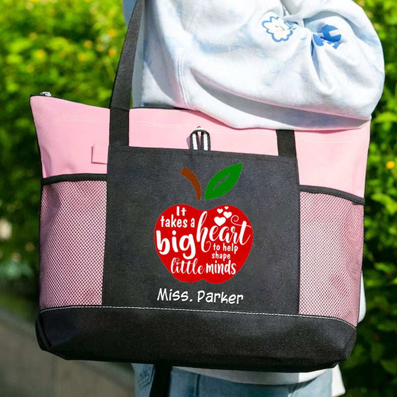 Teacher Tote Bag It Takes A Big Heart Apple Design