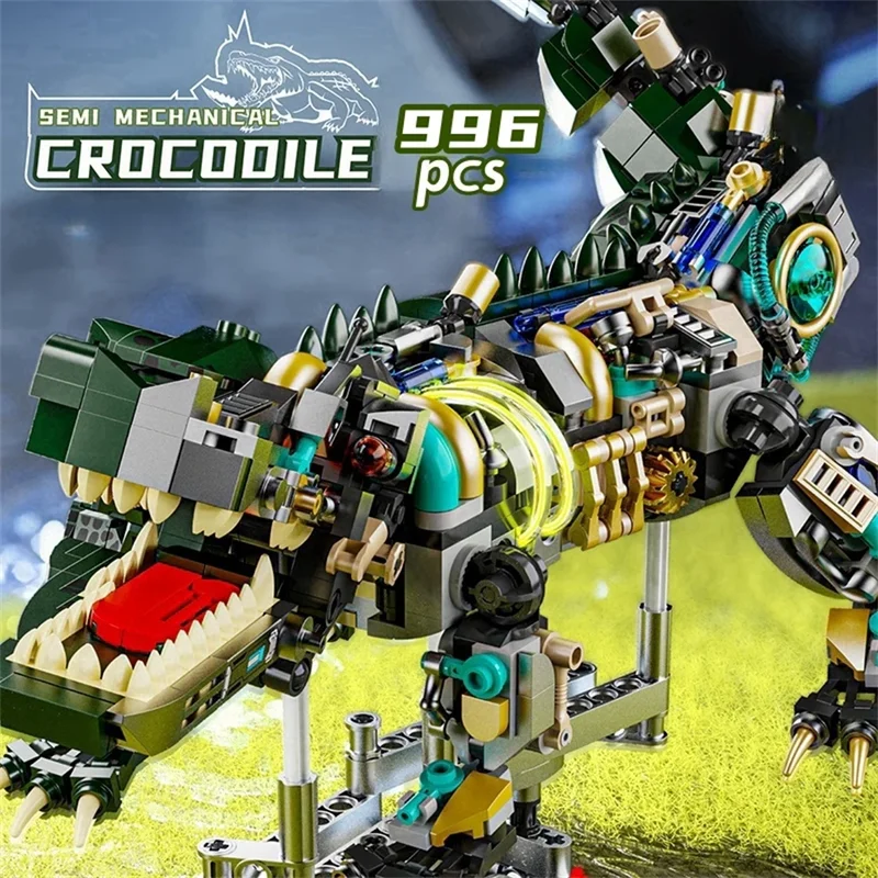 996PCS Mechanical Crocodile Building Sets Animals Building Blocks Model With Display Stand And Lights Gift for Kids and Teen