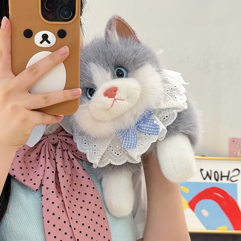 Realistic plush cat doll with music kitten bib children gift parent-child interactive plush toy