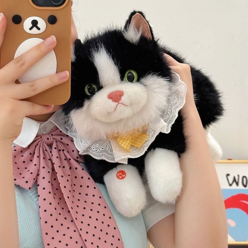 Realistic plush cat doll toy with music, kitten bib children gift parent-child interactive plush toy