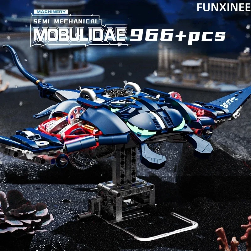 Technical Mechanical Manta Ray Sea Animal Mobulidae Life Set Light Building Blocks Bricks Creative Model Kids Toy