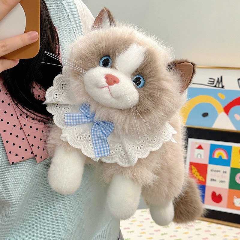 Realistic plush cat doll toy with music, kitten bib children girl gift parent-child interactive plush toy