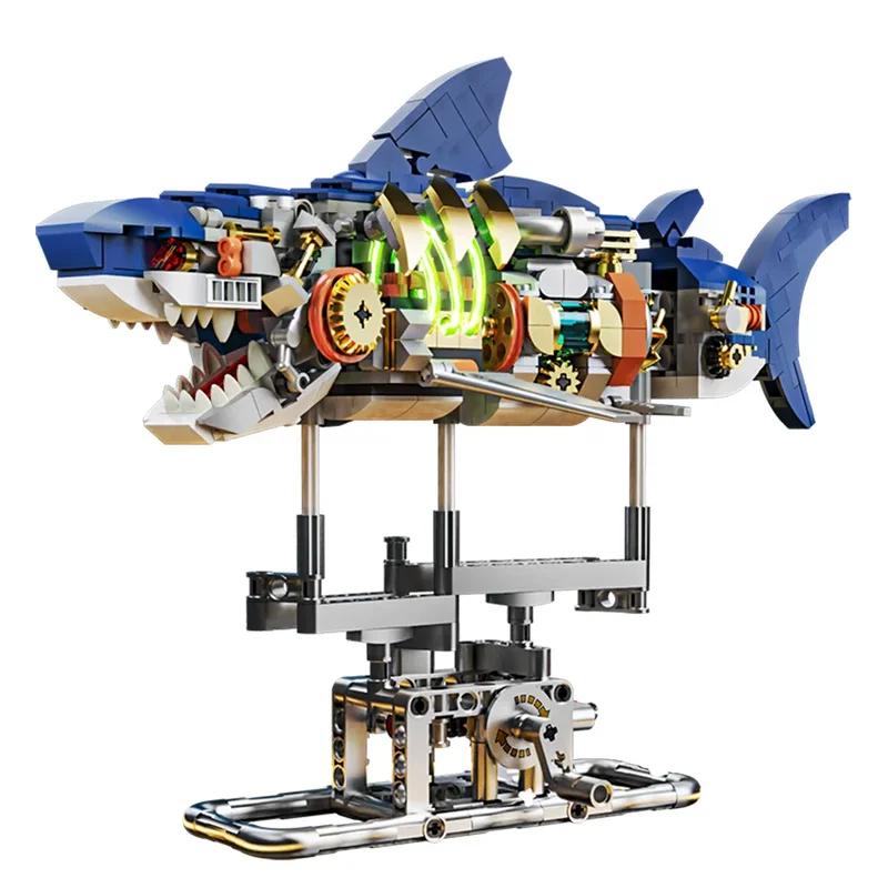 687 PCS Mechanical Shark Building Set, Shark Sea Life Building Blocks Set with Display Stand and Lights, Block Gift for Kids and Adults