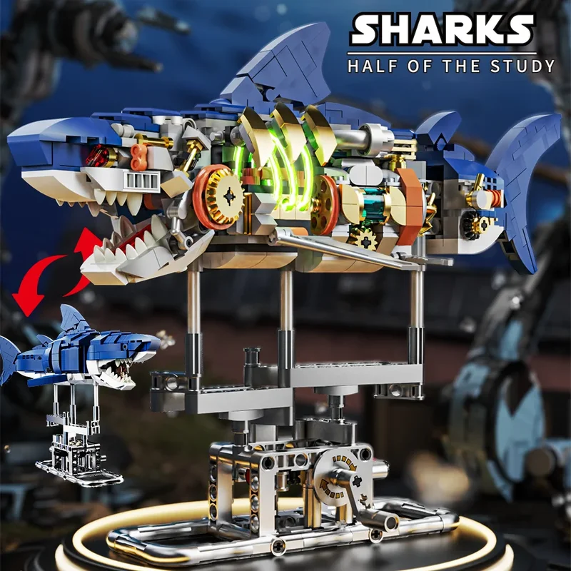 687 PCS Mechanical Shark Building Set, Shark Sea Life Building Blocks Set with Display Stand and Lights, Block Gift for Kids and Adults