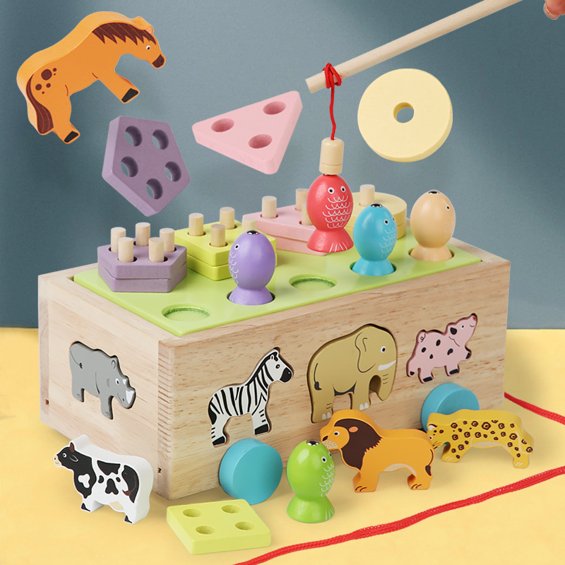 Educational toys: shape matching stacking blocks, animal recognition building blocks, trailer, wooden magnetic fishing.