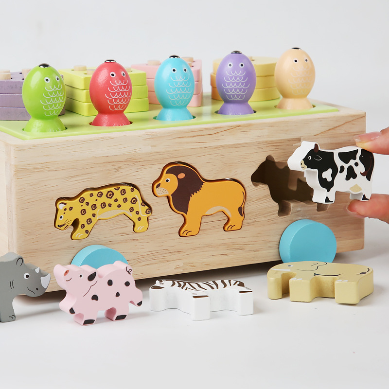 Educational toys: shape matching stacking blocks, animal recognition building blocks, trailer, wooden magnetic fishing.