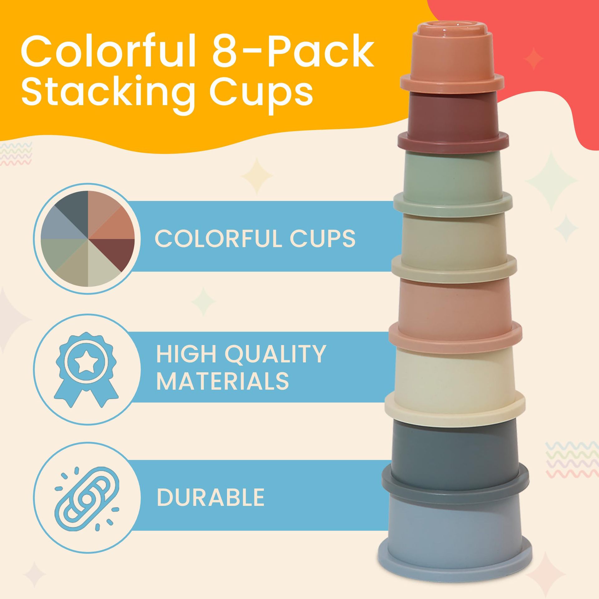 Fun stacking cups toy, educational toy that stacks cups into layers, helping babies develop their fine motor skills.