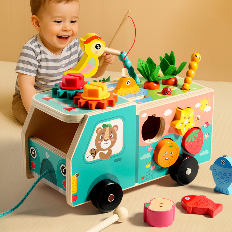 Montessori Baby Early Education Wooden Multifunctional Farm Intelligence Vehicle