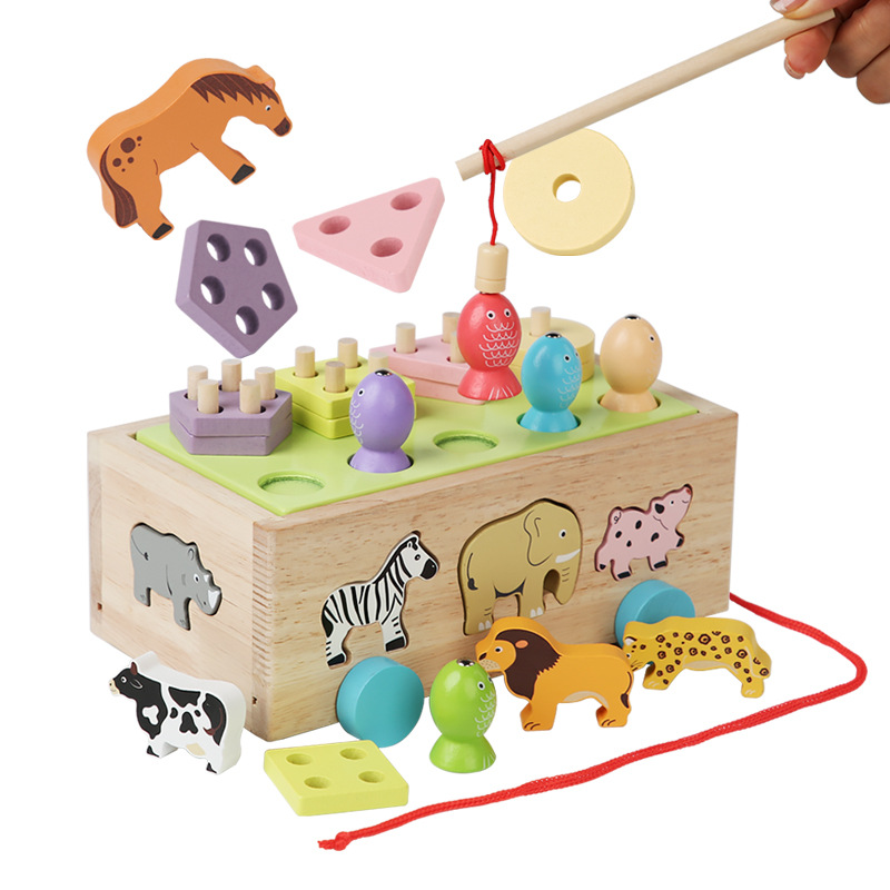 Educational toys: shape matching stacking blocks, animal recognition building blocks, trailer, wooden magnetic fishing.