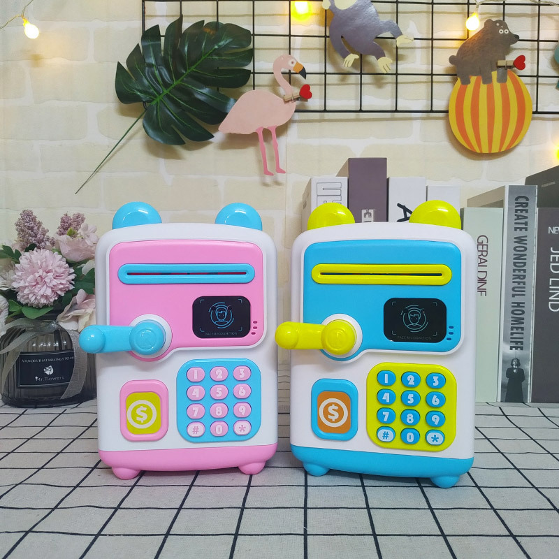 Hot selling portable children's smart password electric coin-rolling piggy bank with cartoon music simulation and face recognition
