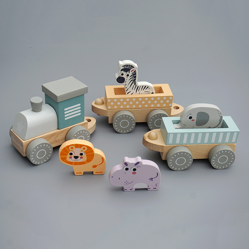 New wooden train toy children's animal cognition toy building blocks