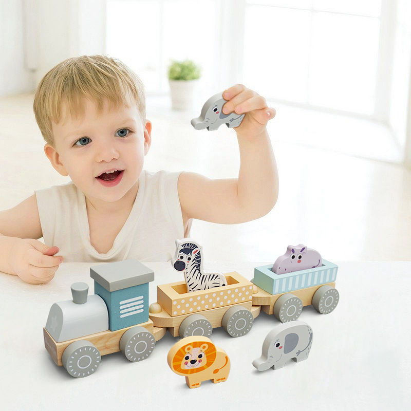 New wooden train toy children's animal cognition toy building blocks