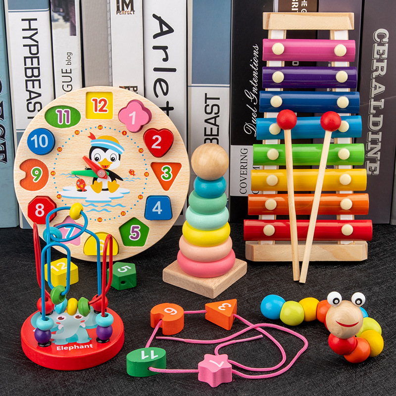 Hot selling children's intellectual enlightenment musical instrument with beads and twisting worms, baby early education wooden toys