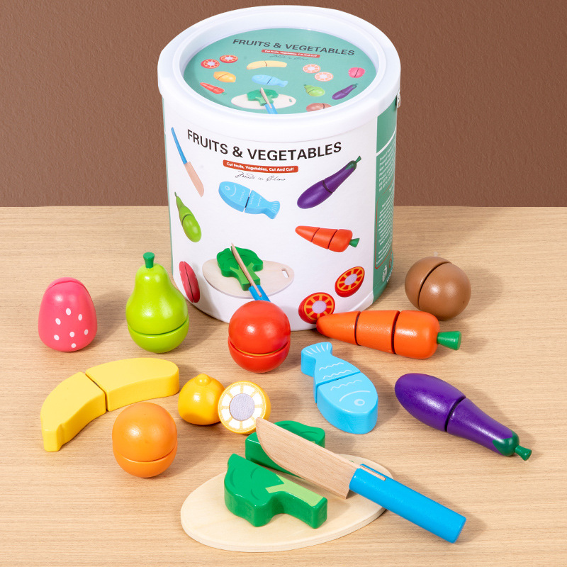 Wooden Pretend Play Fruit & Vegetable Cutting Set with Velcro – Bucket-Packed Early Education Kitchen Toy for Kids