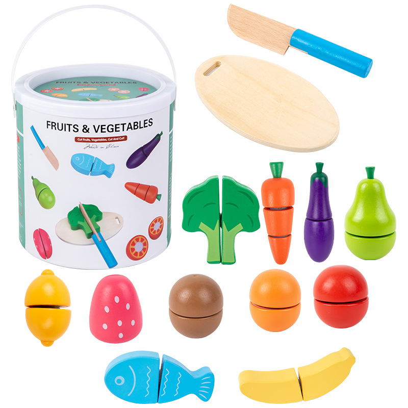 Wooden Pretend Play Fruit & Vegetable Cutting Set with Velcro – Bucket-Packed Early Education Kitchen Toy for Kids
