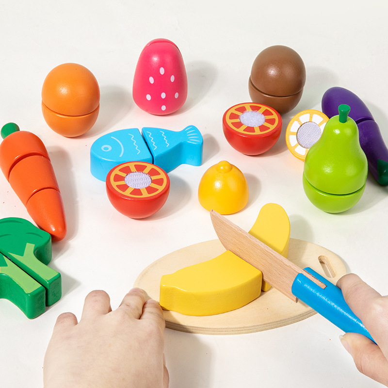 Wooden Pretend Play Fruit & Vegetable Cutting Set with Velcro – Bucket-Packed Early Education Kitchen Toy for Kids