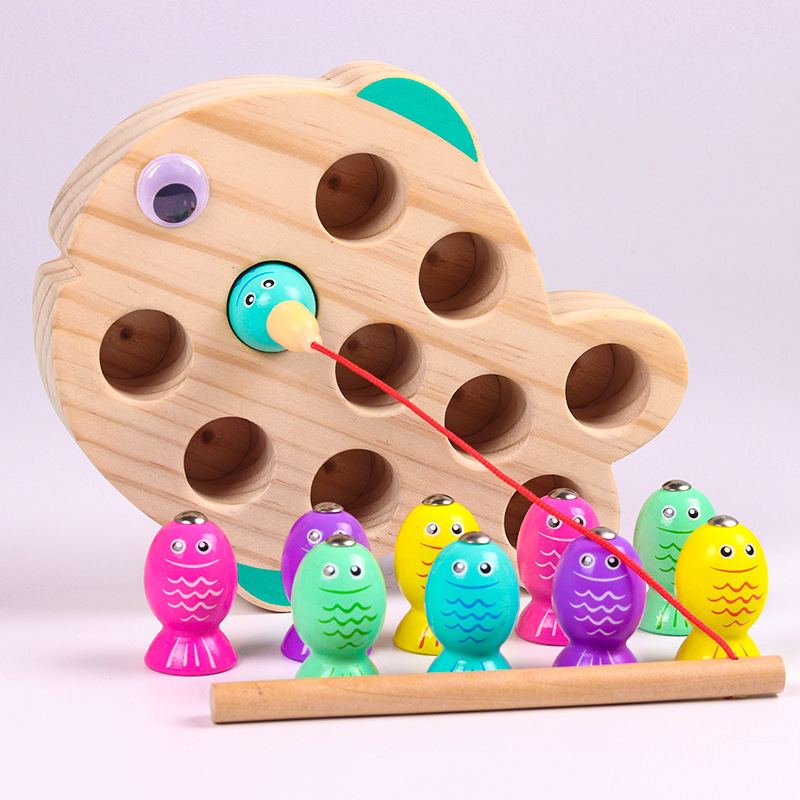 Early childhood fishing game with magnetic fishing rod for toddlers, promoting intelligence and concentration, wooden desktop toy.