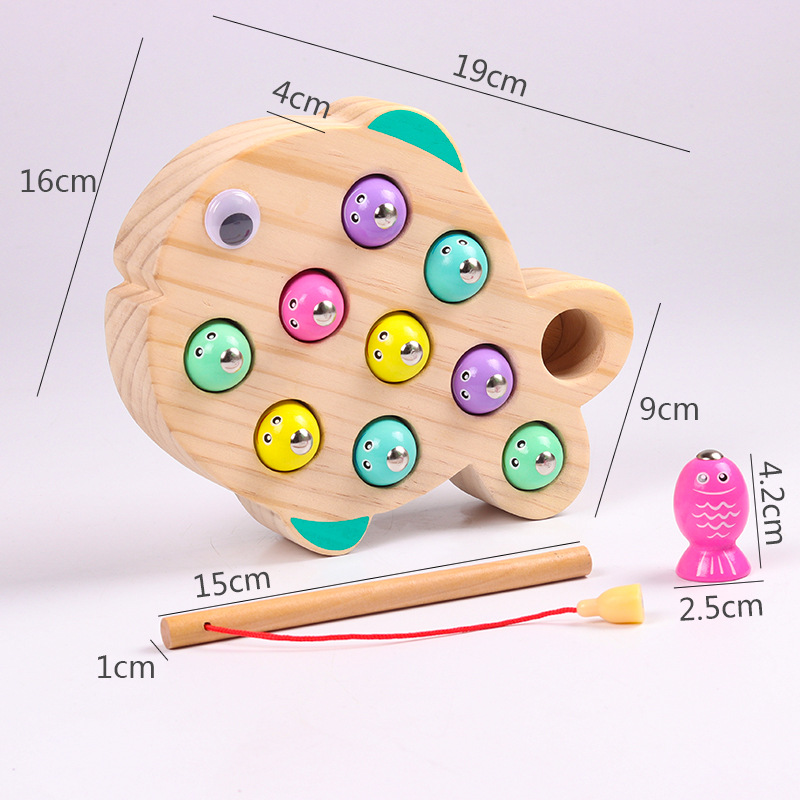 Early childhood fishing game with magnetic fishing rod for toddlers, promoting intelligence and concentration, wooden desktop toy.