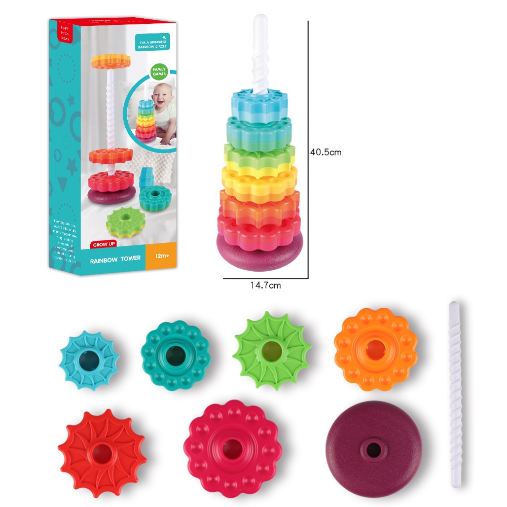 Hot selling infant and toddler cognitive rainbow rotating tower toy enlightenment early education stacking fun rotating tower