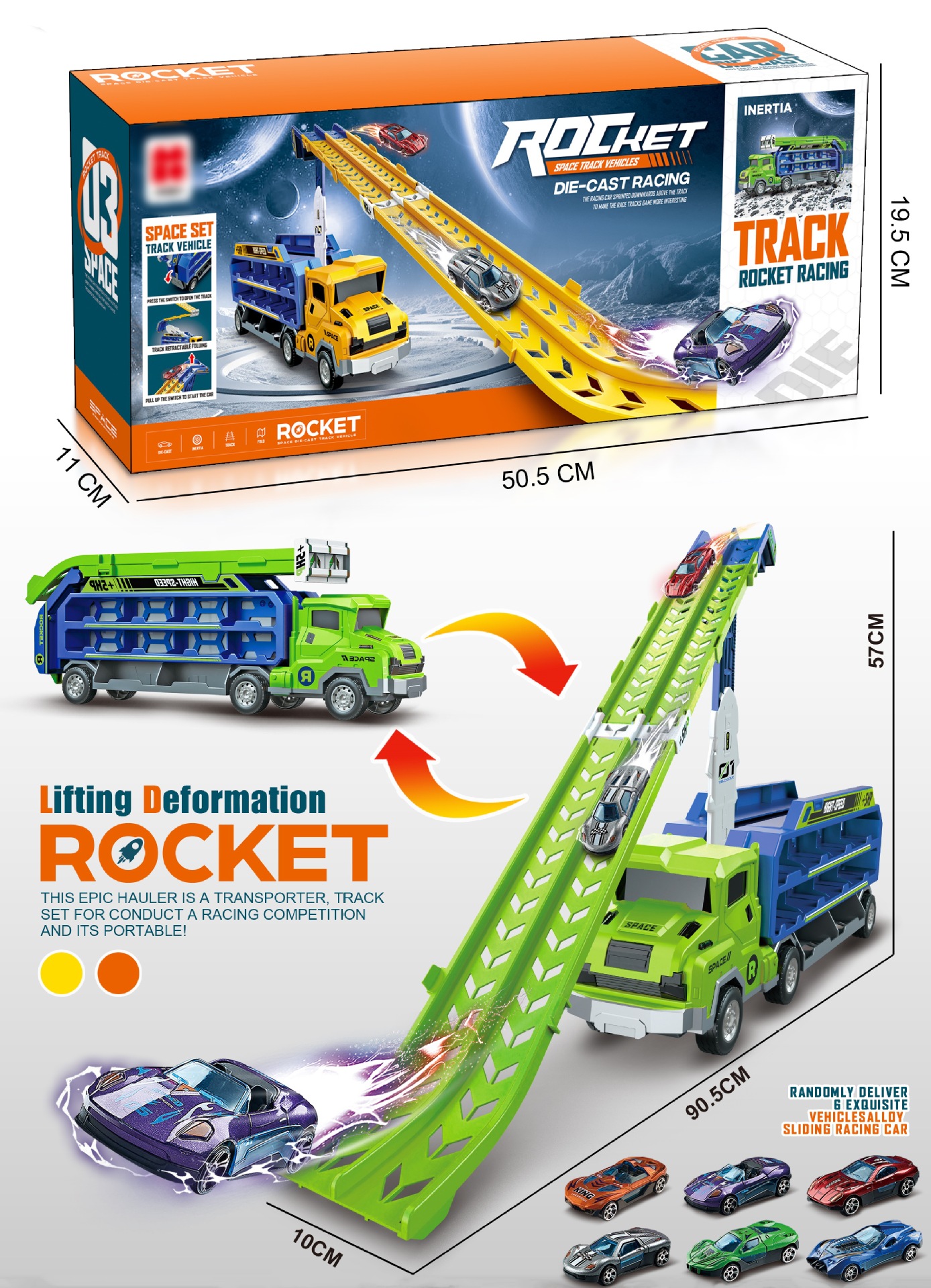 Hot selling children's inertial deformation gliding lifting rocket rail car foldable storage boy toy set